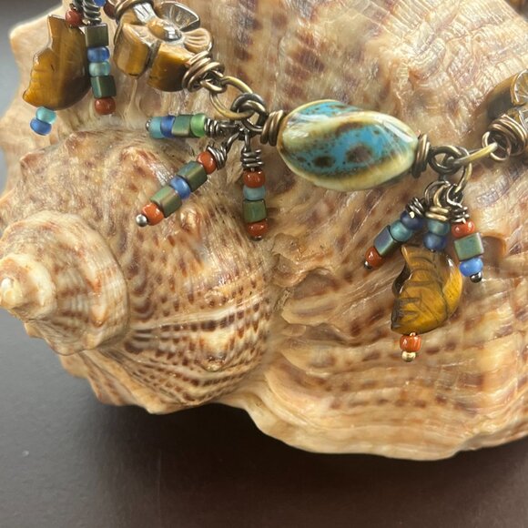 Tiger's Eye Carved Gemstones & Ceramic Art Beads Wire Wrapped Linked Bracelet - Picture 5 of 7